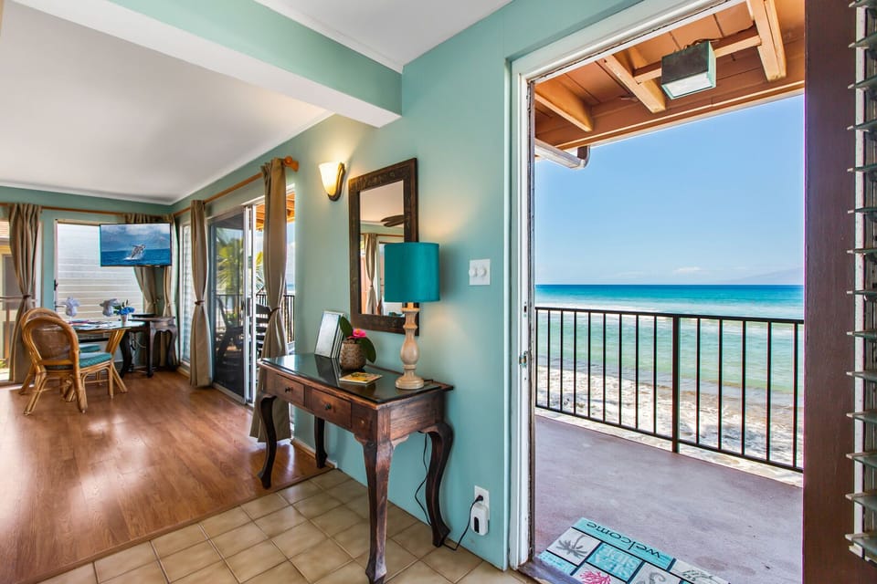 Blue walls throughout the condo