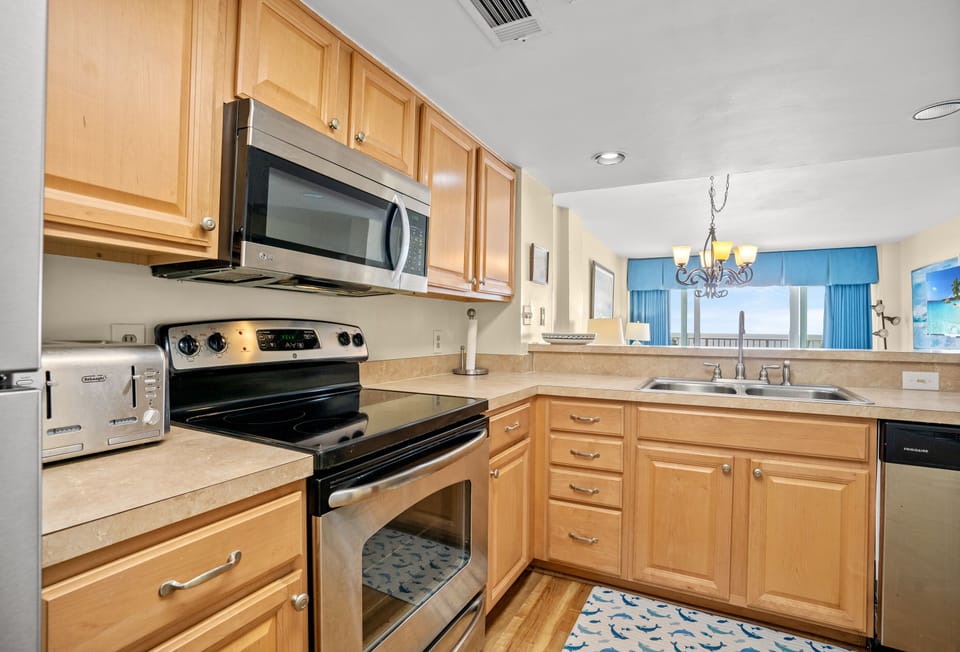 An updated kitchen makes preparing meals a breeze.