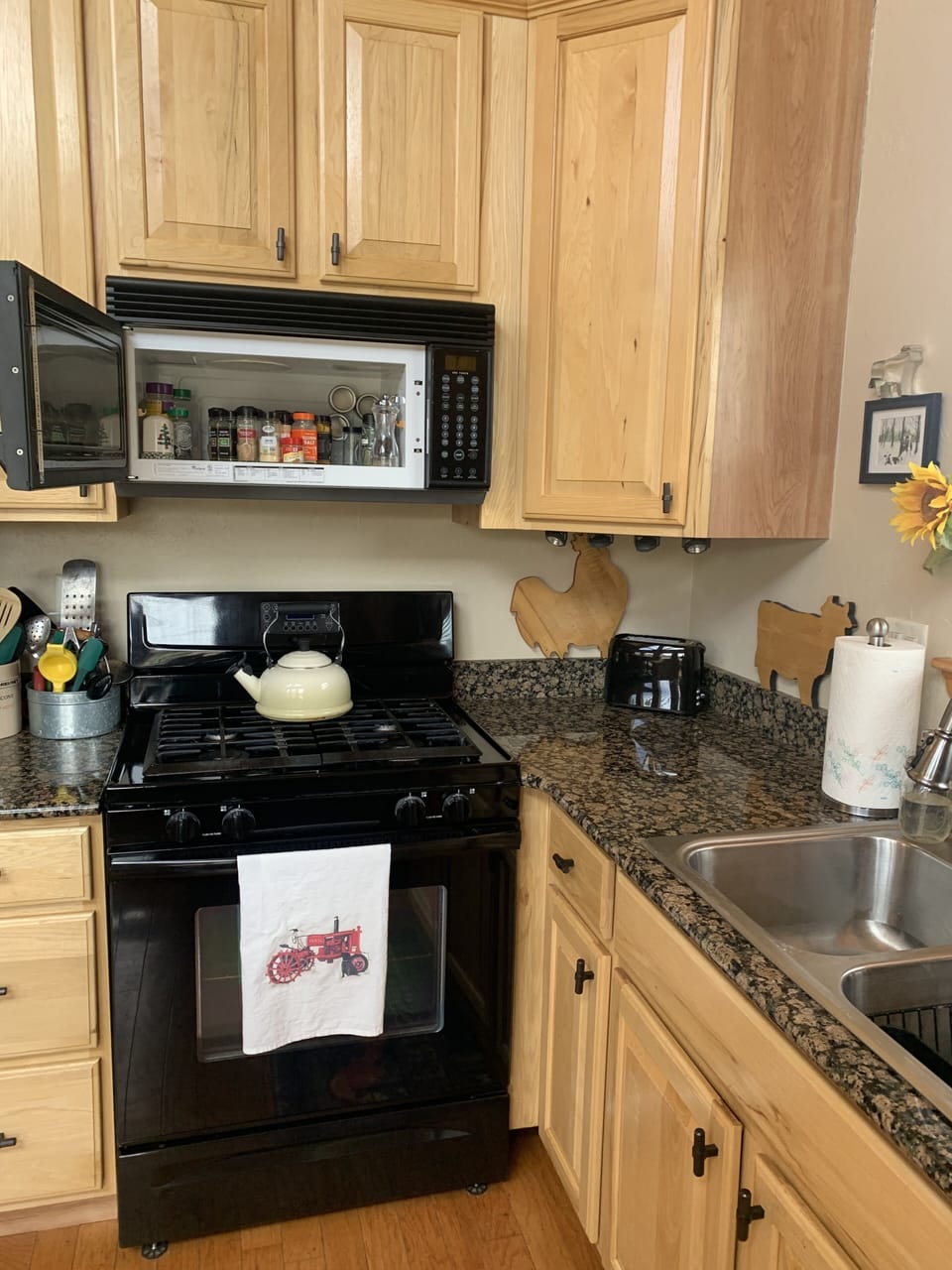 Kitchen.  Showing double sink, cupboards, spice-rack.  There is no microwave.