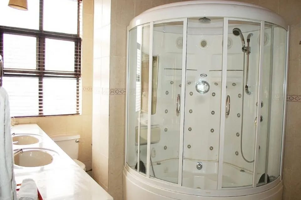 Shower, free toiletries, hair dryer, towels
