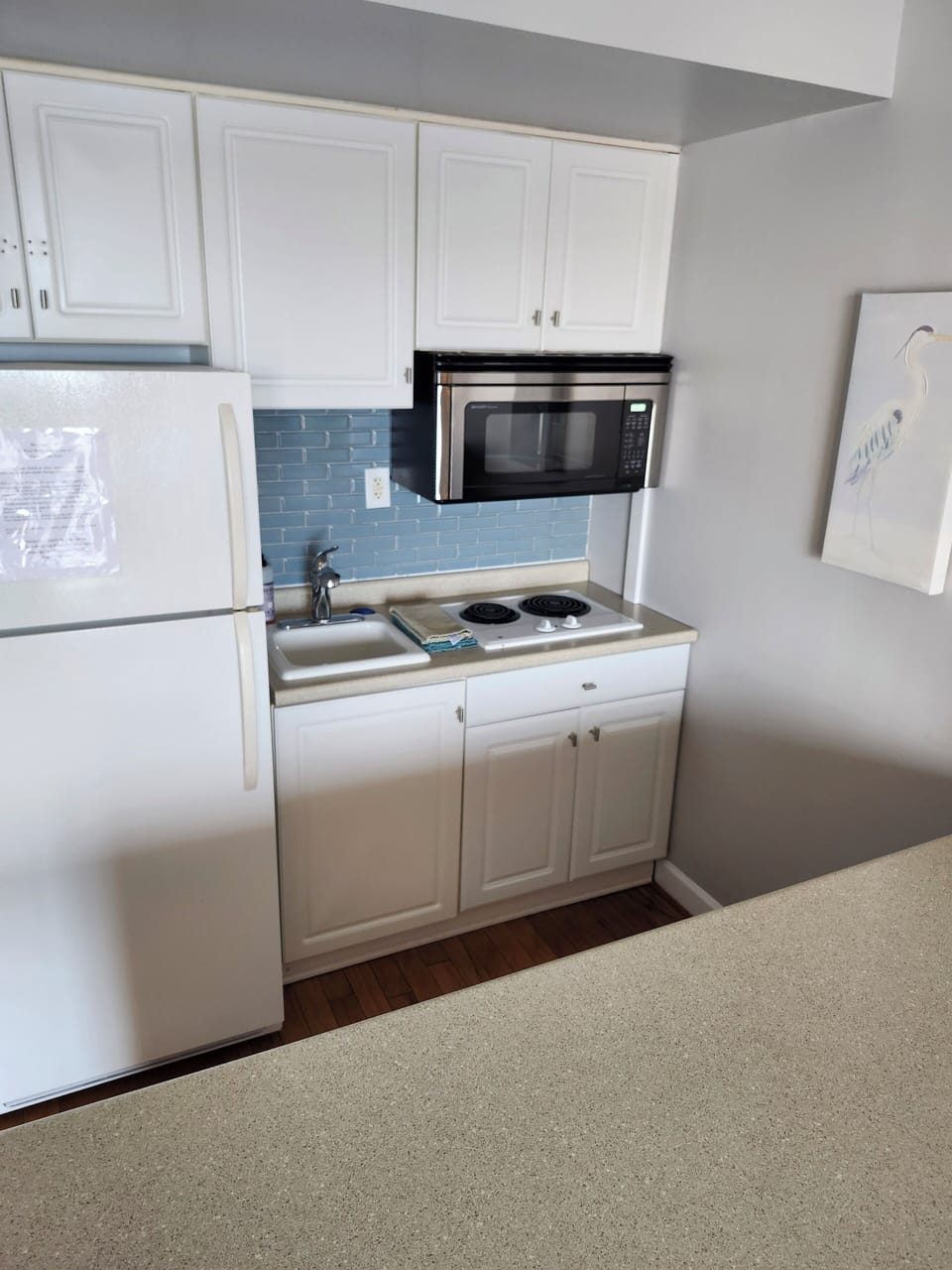 Two burner cooktop and combo microwave/convection oven.