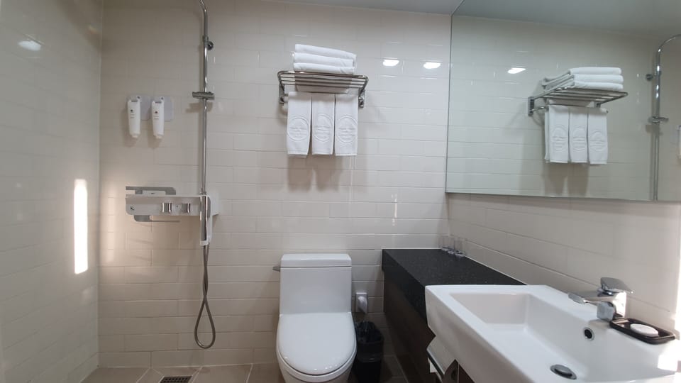 Shower, hair dryer, slippers, towels