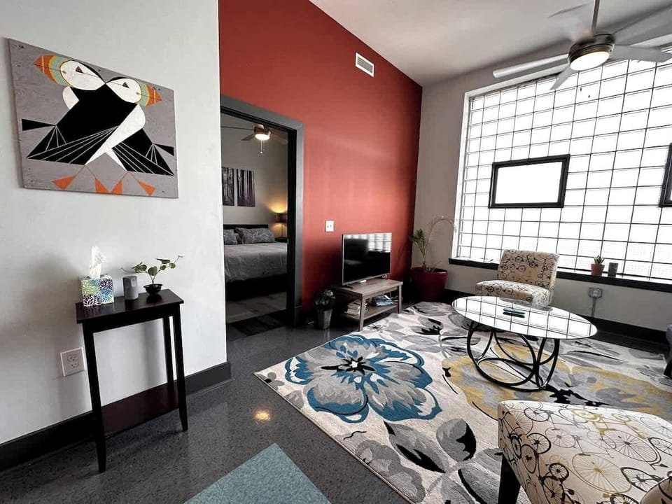 Bright living area with modern furniture and open layout