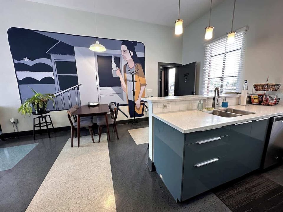 Spacious kitchen with island and open dining space
