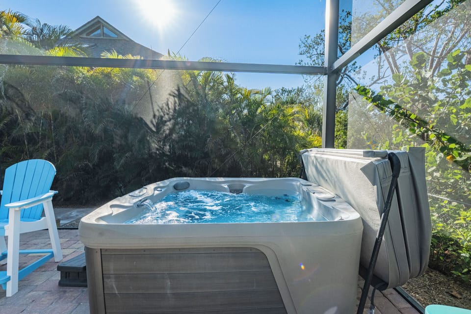 Soak your stress away in the private hot tub under the stars.