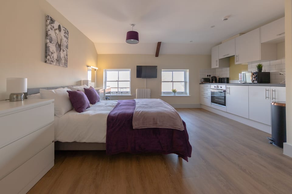 City Studio | Private kitchen | Full-size fridge, microwave, oven, electric kettle