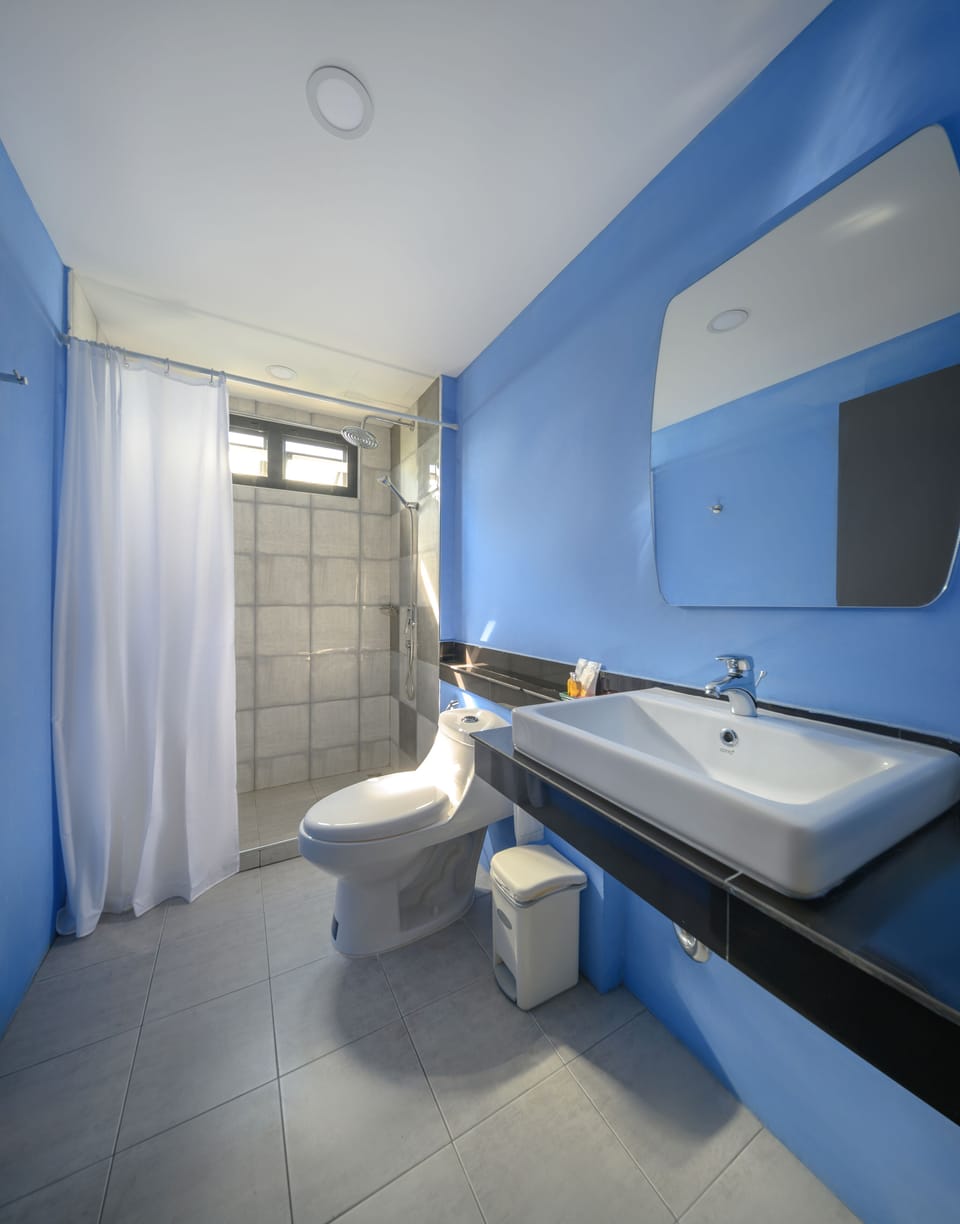 Shower, rainfall showerhead, free toiletries, hair dryer