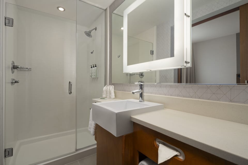 Combined shower/tub, hair dryer, towels