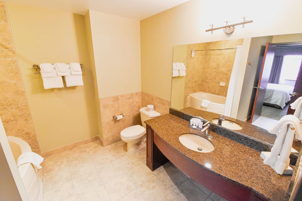 Combined shower/tub, hair dryer, towels