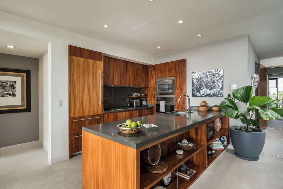 Fully equipped beach house kitchen with modern appliances