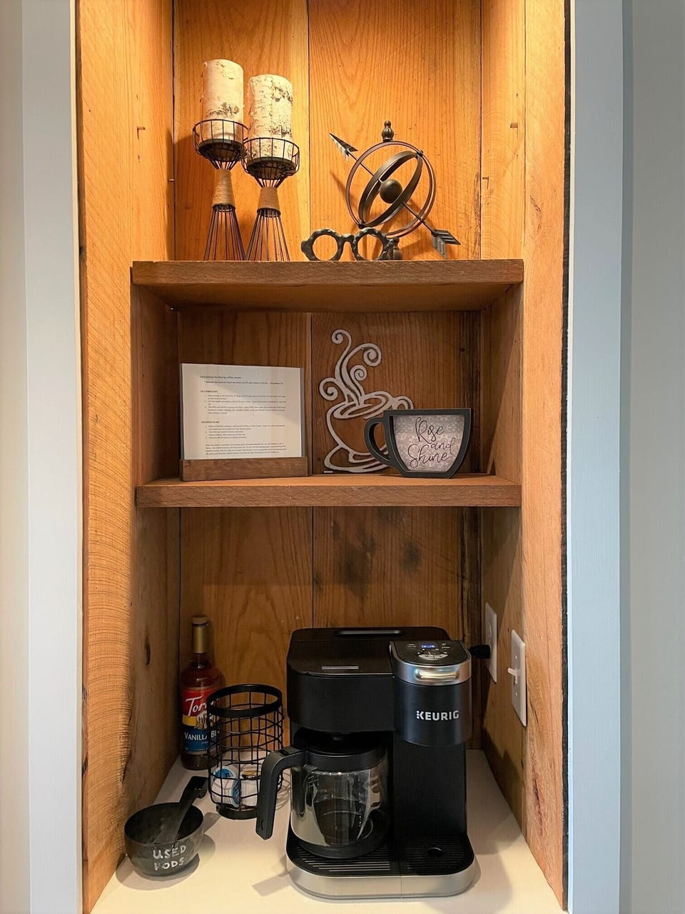 Coffee bar in kitchen made from reclaimed wood. Keurig Duo for pot or pod  - Hosted by CalaTortugaOnLakeGaston