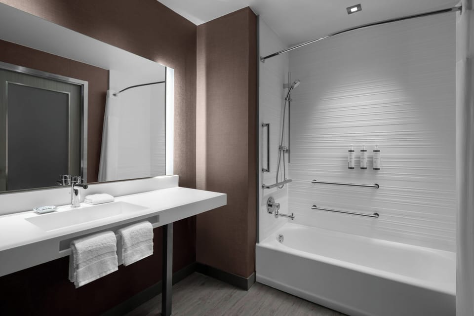Hair dryer, towels, soap, shampoo