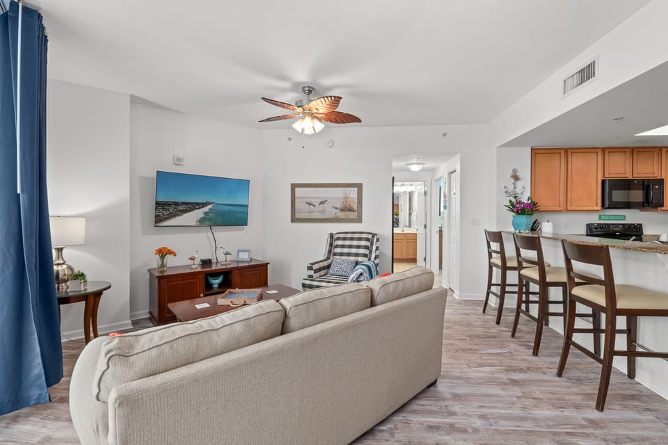 Queen sofa sleeper, and sliding doors out to your balcony w/ flat screen TV 