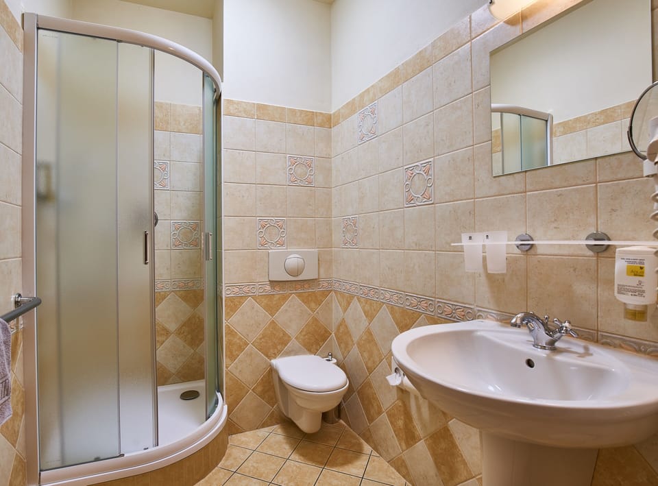 Shower, free toiletries, hair dryer, towels