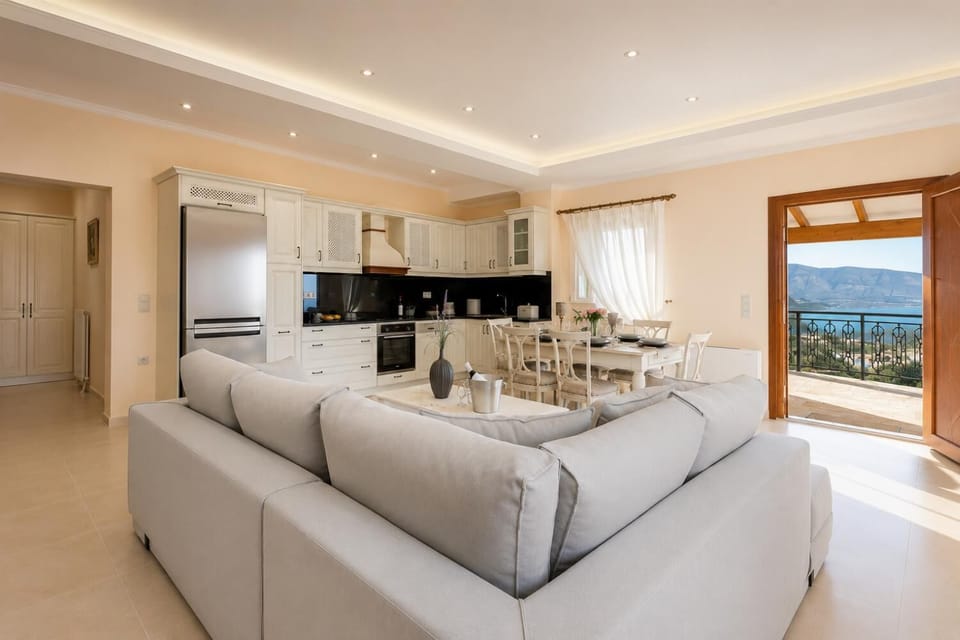 Open-plan living room with sofas, dining area, kitchen, A/C, WiFi internet, satellite TV, DVD player, and terrace access with sea views