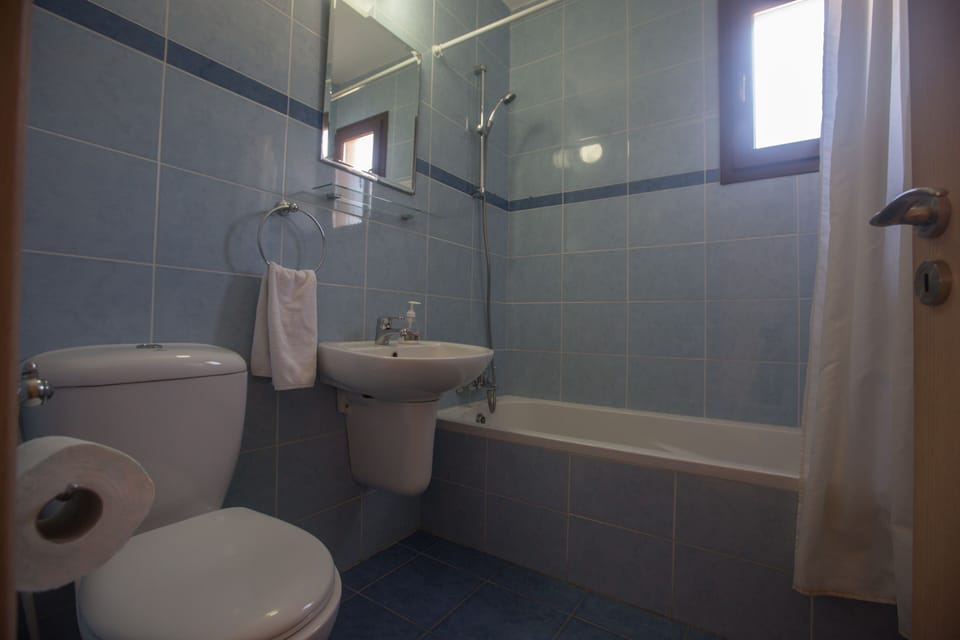Main Bathroom with bathtub, overhead shower and WC