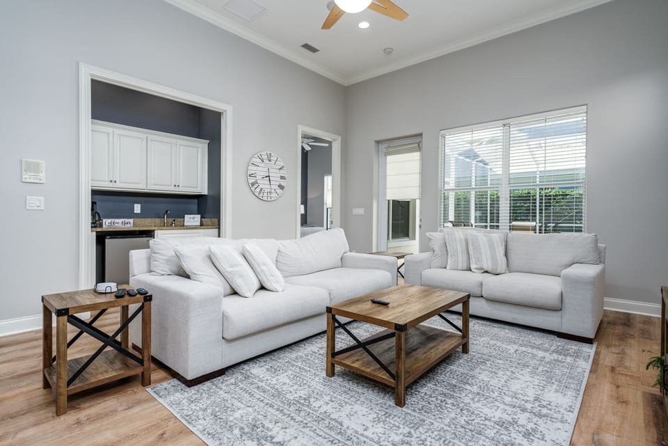 The 1st floor living room is comfortable and cozy.