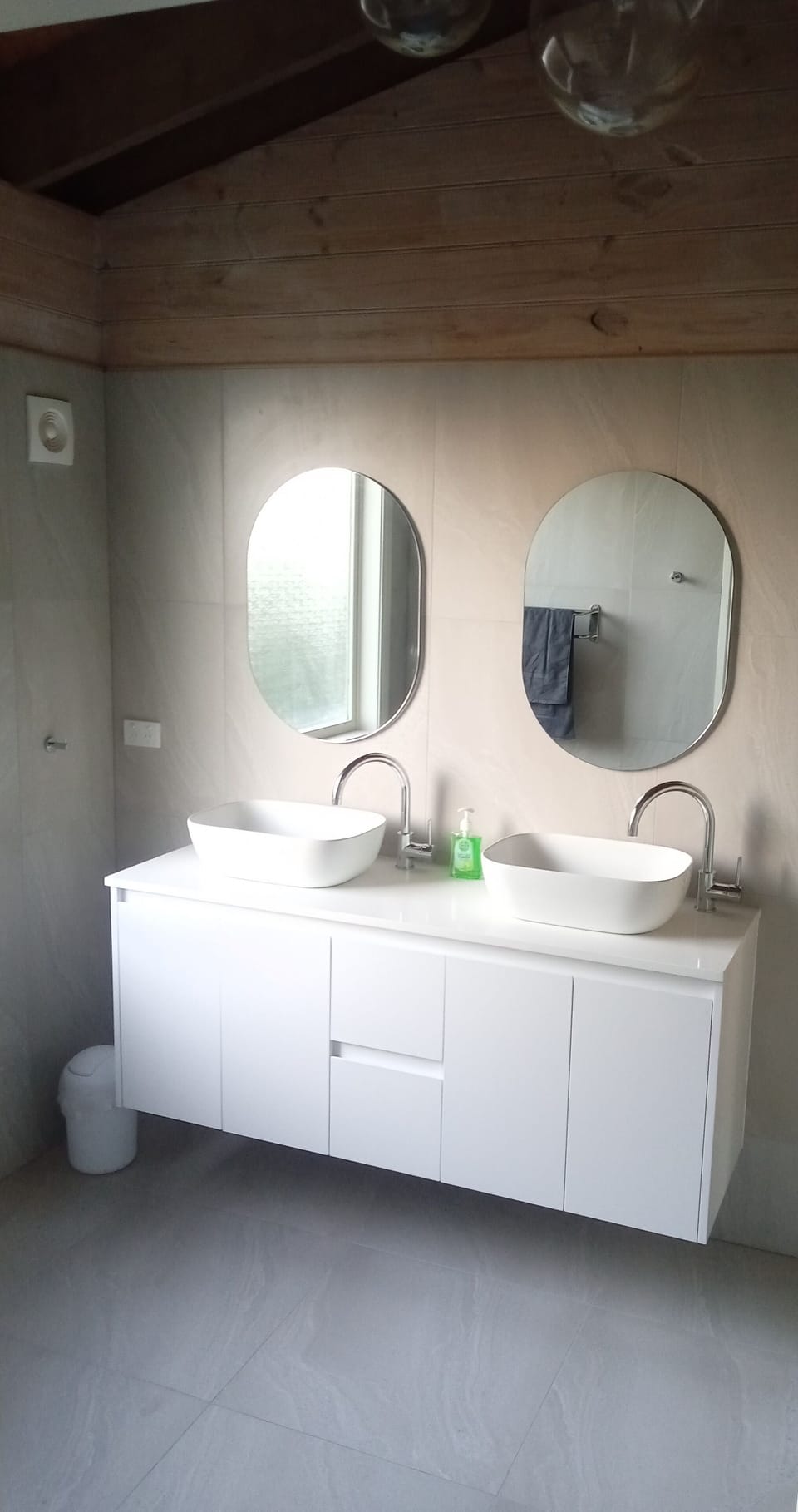 Upstairs double vanity in bathroom