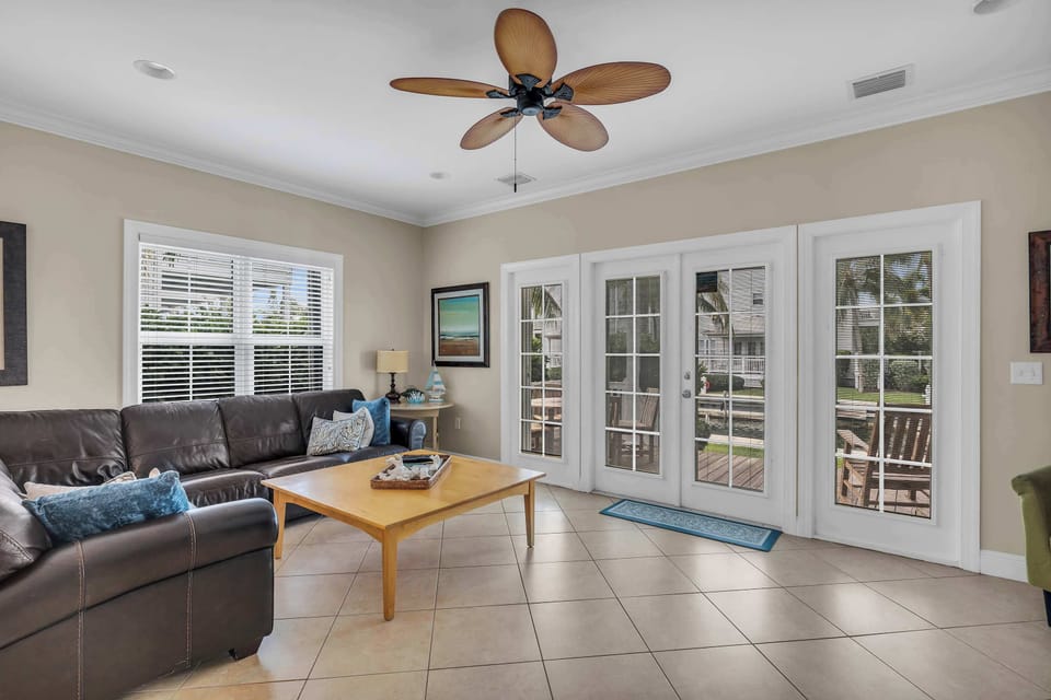 Living room with leather couch 