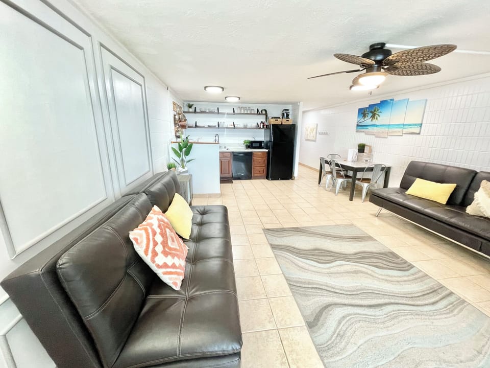 Both couches lay flat into full size beds, there is also a queen size murphy bed