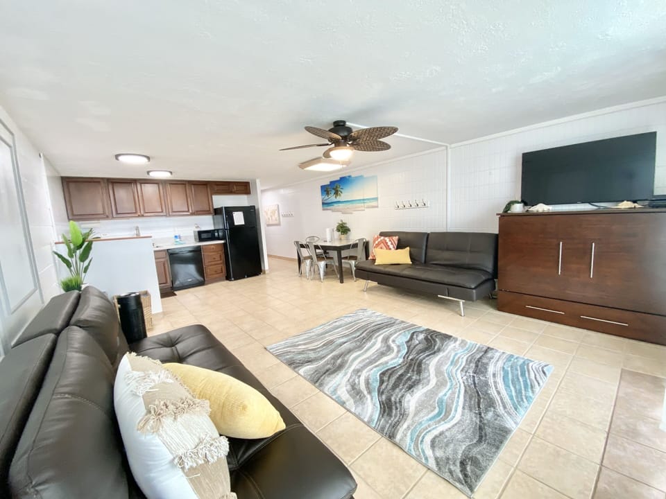 The living room has a queen Murphy bed and two full size comfortable sofa beds. 