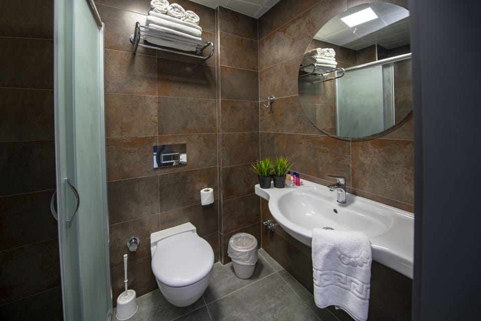 Shower, rainfall showerhead, hair dryer, slippers