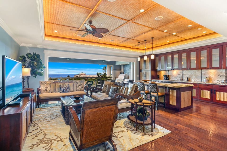 Spacious living area with an ocean view