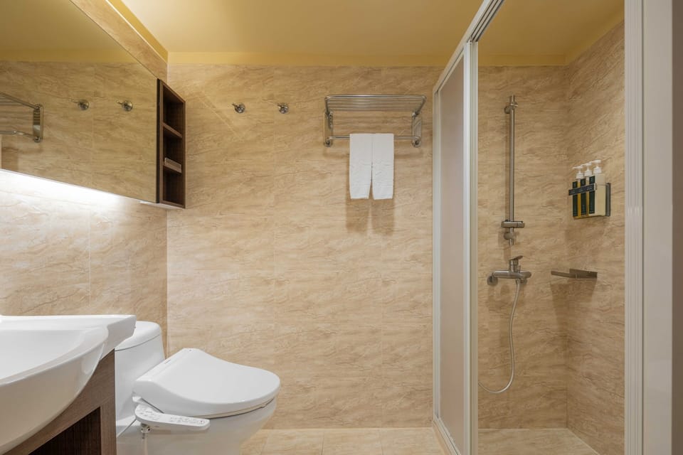 Shower, hydromassage showerhead, hair dryer, slippers