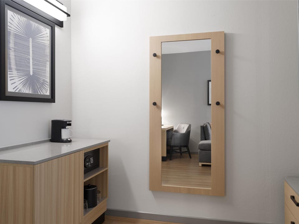 Hypo-allergenic bedding, desk, blackout drapes, iron/ironing board