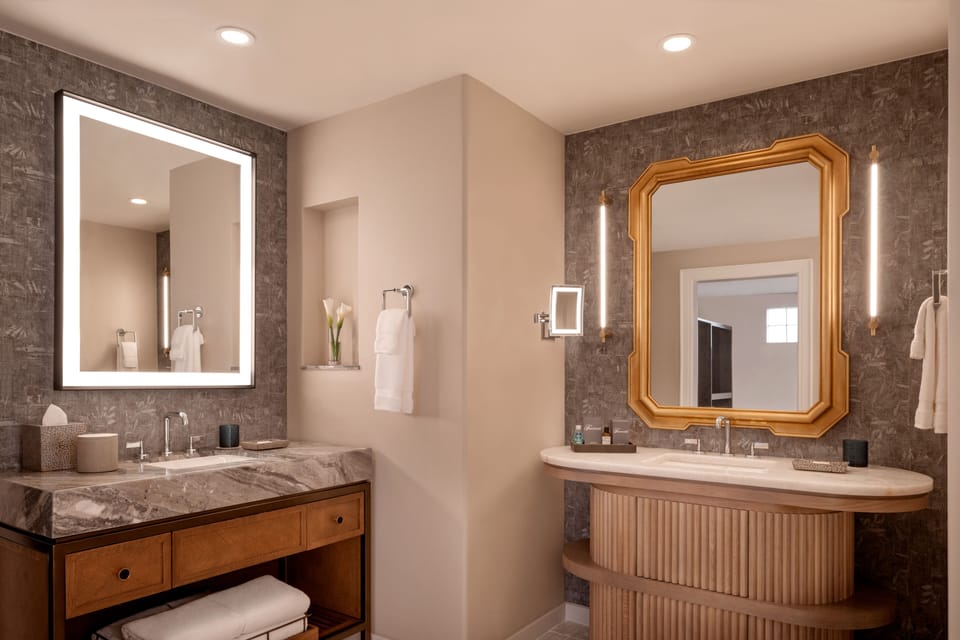 Separate tub and shower, deep soaking tub, designer toiletries