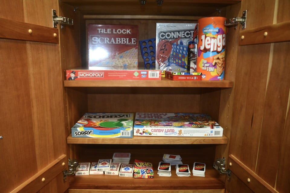 Board games, cards, connect 4, and more for family fun!