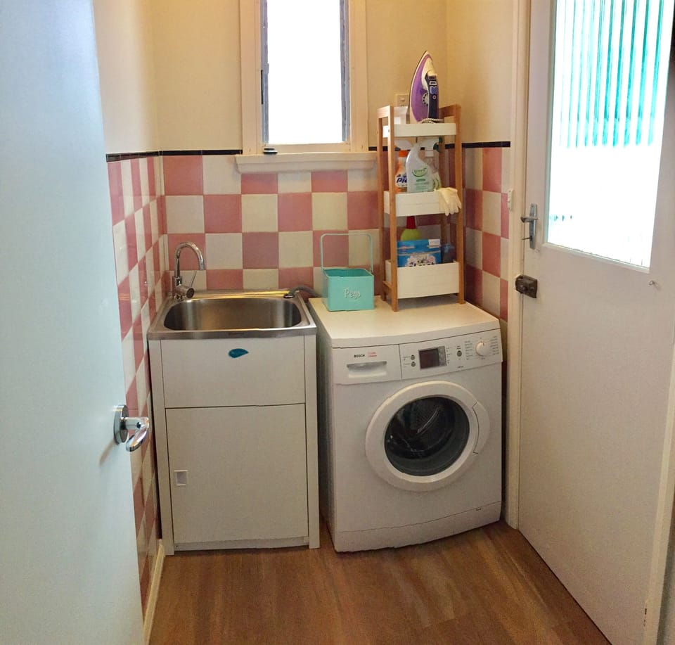 Laundry, Washing Machine, Iron, Board, Brooms, Mop, Bucket, Detergent.