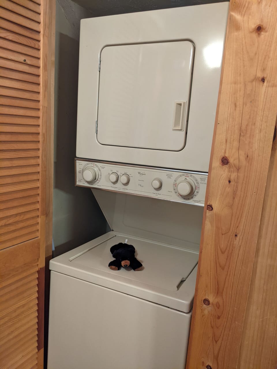 Stackable washer and dryer. Bring laundry detergent!