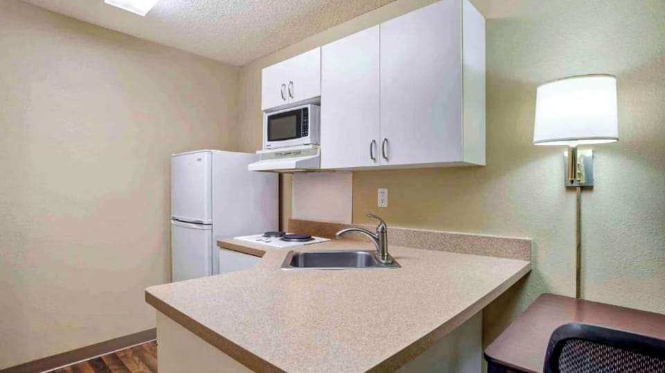 Fridge, microwave, stovetop, cookware/dishes/utensils