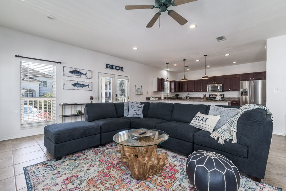 Beautiful big blue sectional for you to enjoy watching your favorite show