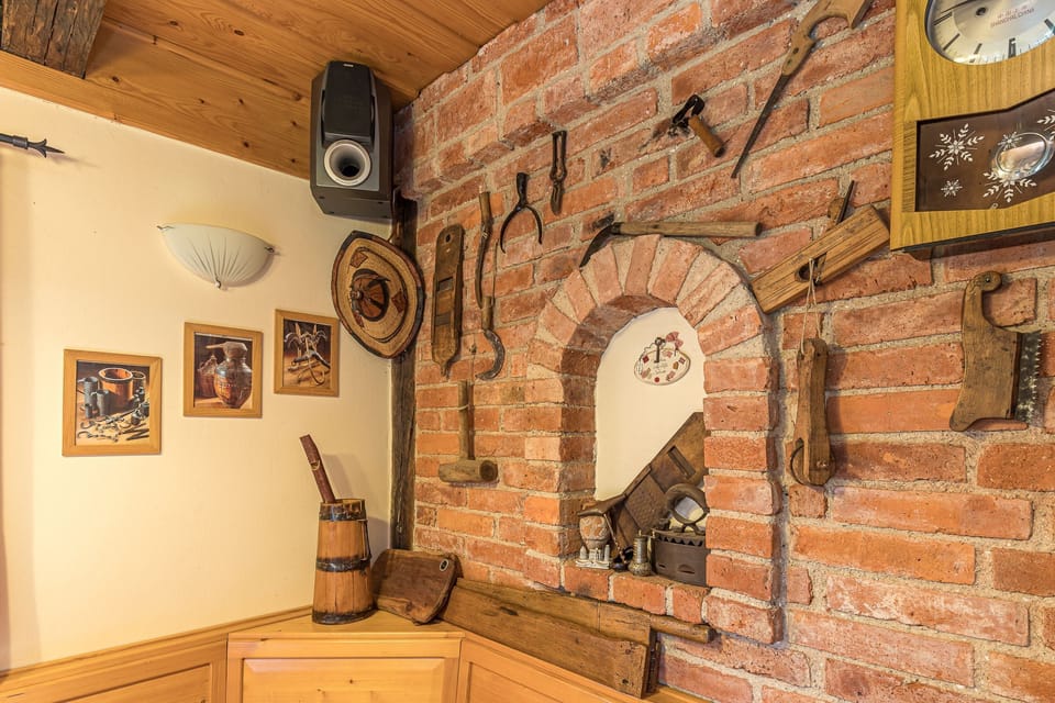 Local antique tools as decor in the dining area