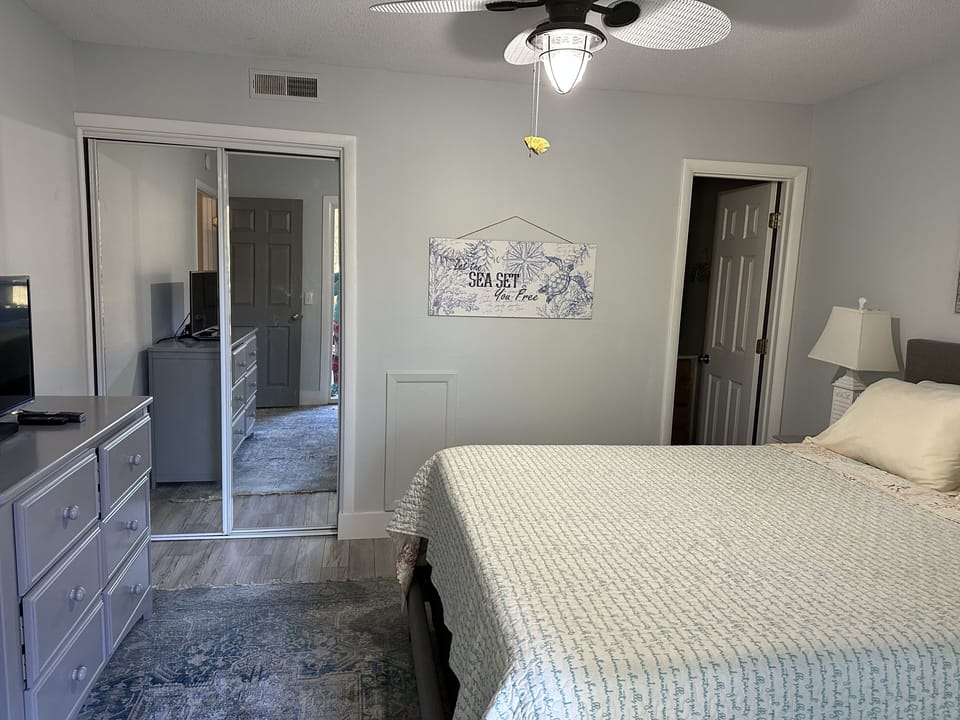 Master bed is a queen, doors to patio