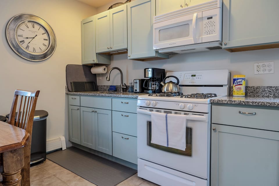 Our stocked kitchen includes a coffee maker, toaster, kettle, microwave and more