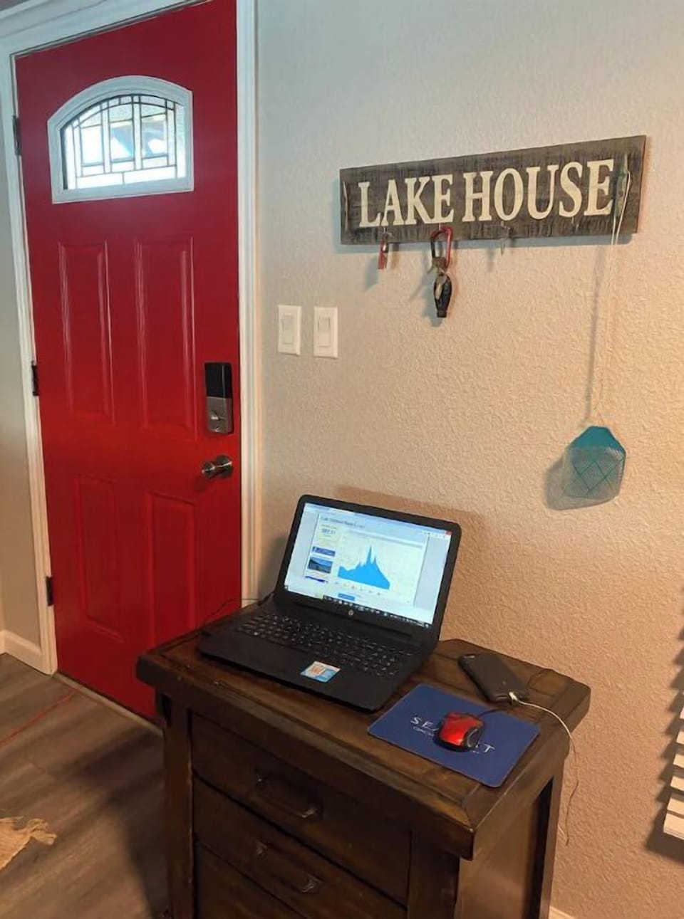 Great place for laptop and charging station and hang your keys up.