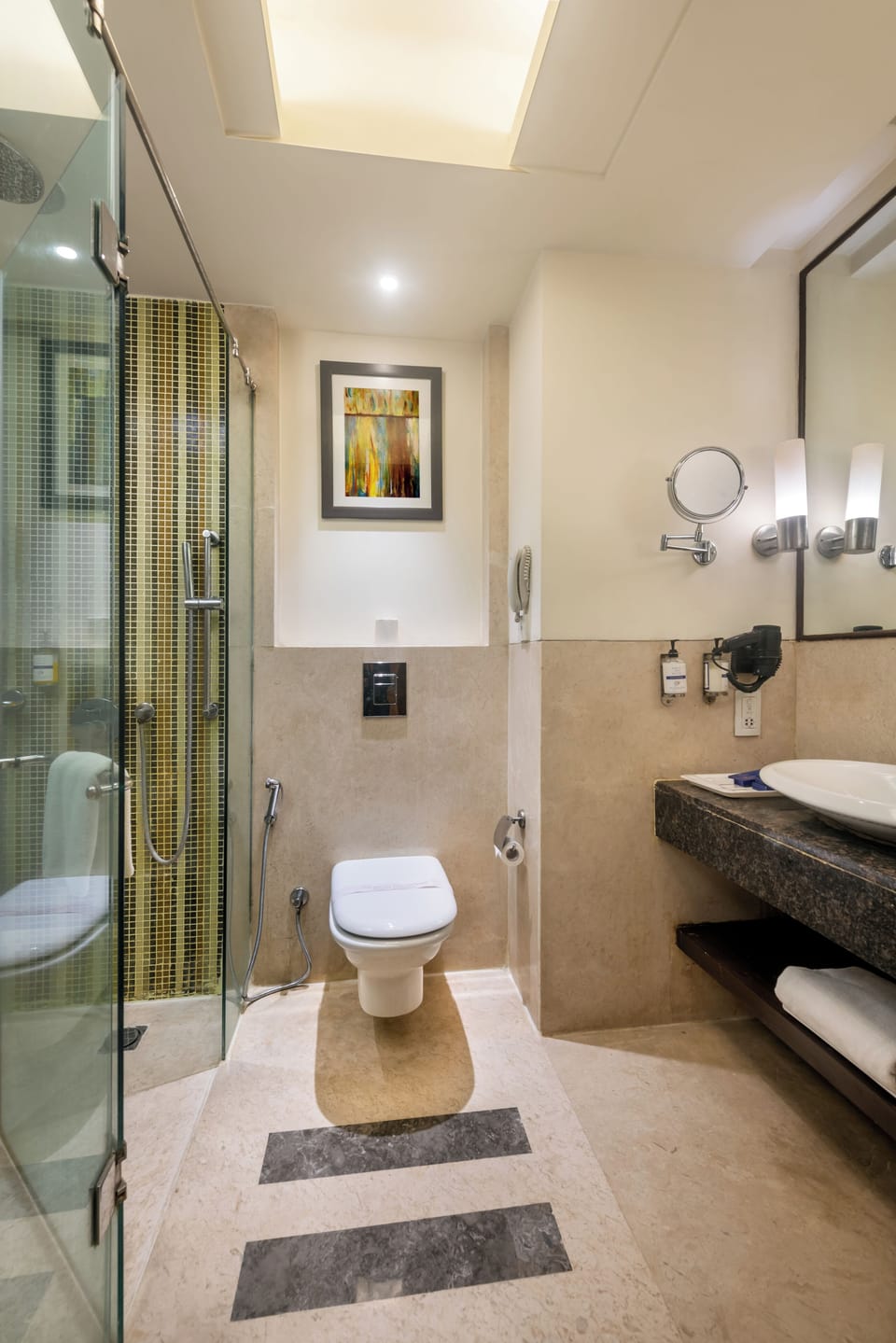 Shower, free toiletries, hair dryer, towels