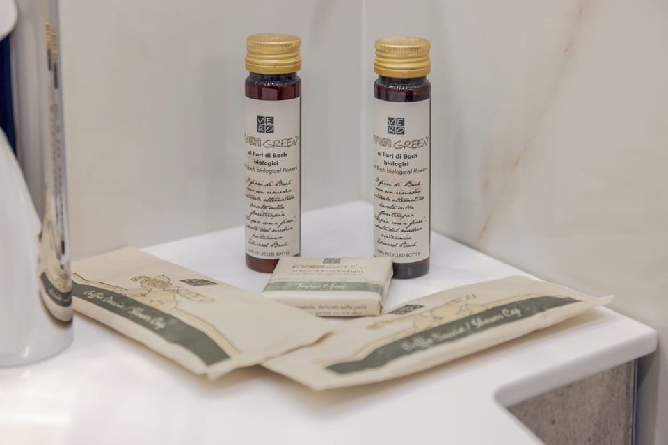 Shower, rainfall showerhead, free toiletries, hair dryer