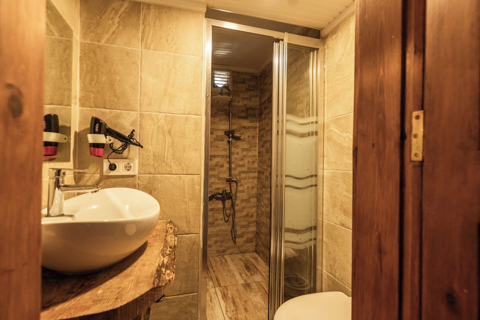Combined shower/tub, free toiletries, towels