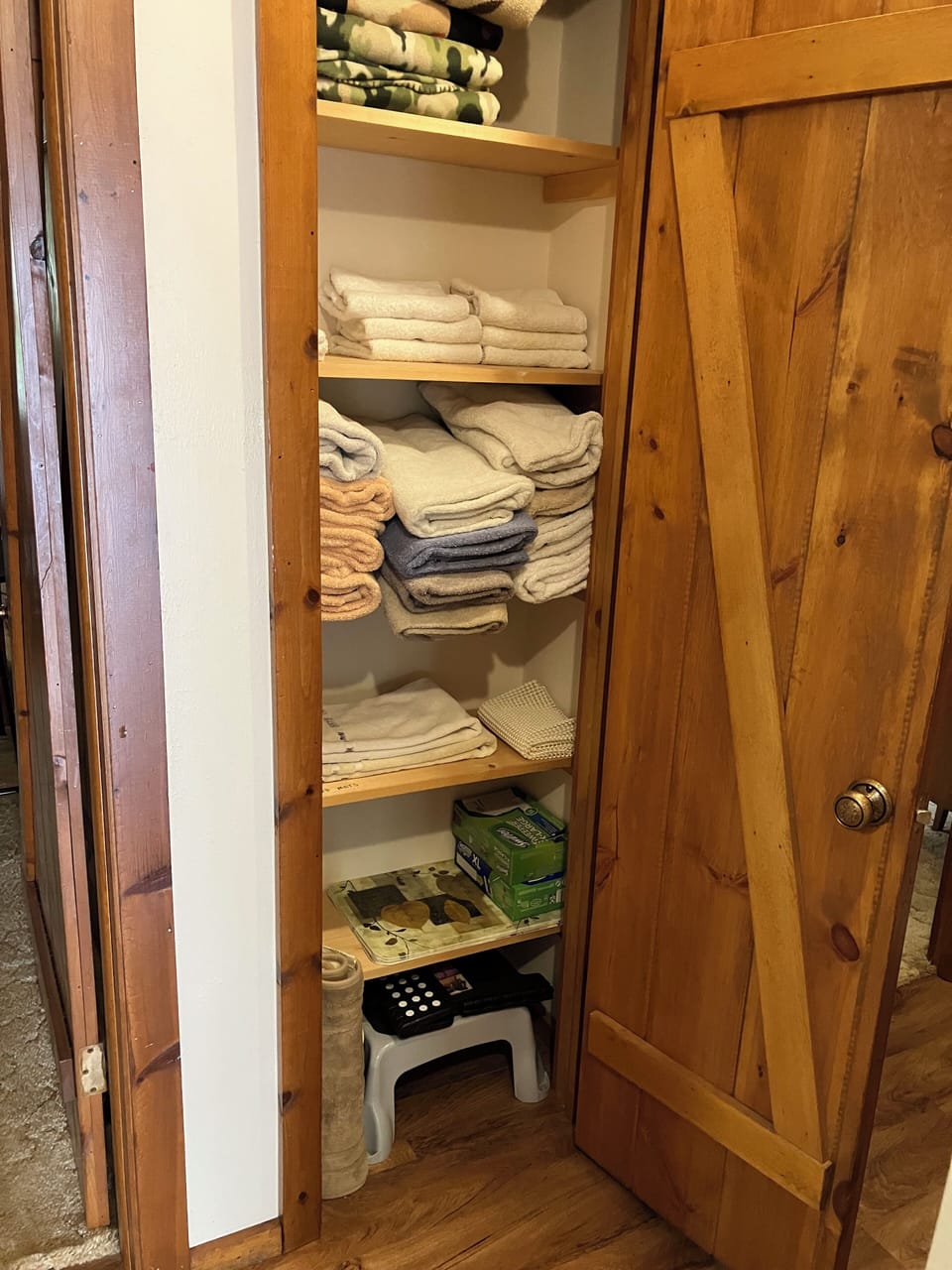 Main level hallway linen closet.  Towels included