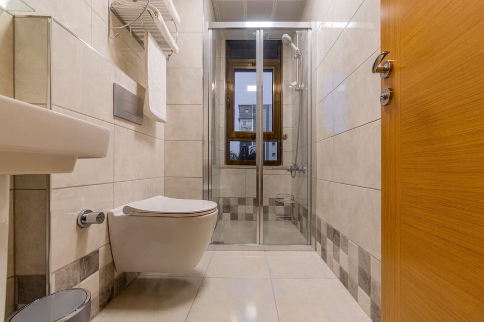 Shower, rainfall showerhead, hair dryer, slippers