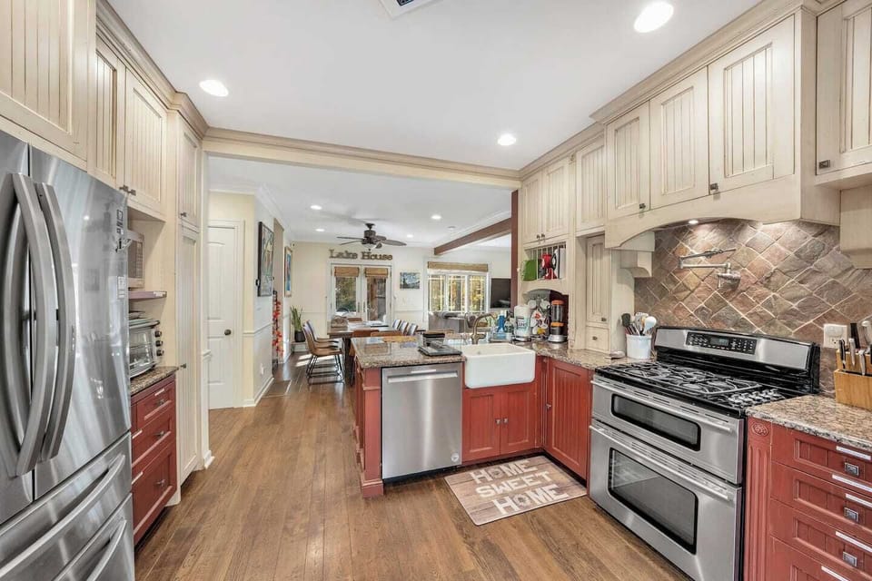 kitchen is fully stocked with everything from pots, pans, oils, and spices to coffee and tea.