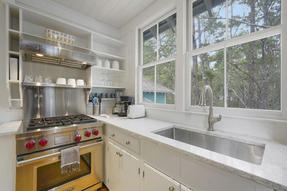 LARGE SINK AT REAR WINDOW W/WOLF OVEN & COOKTOP