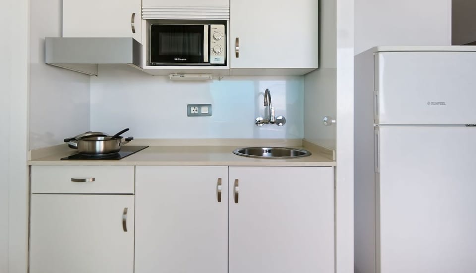 Fridge, microwave, stovetop, coffee/tea maker