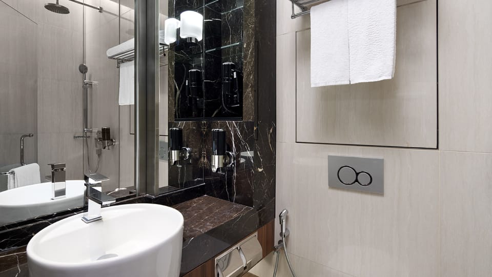 Shower, rainfall showerhead, free toiletries, hair dryer