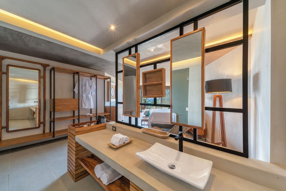 Shower, rainfall showerhead, hair dryer, bathrobes