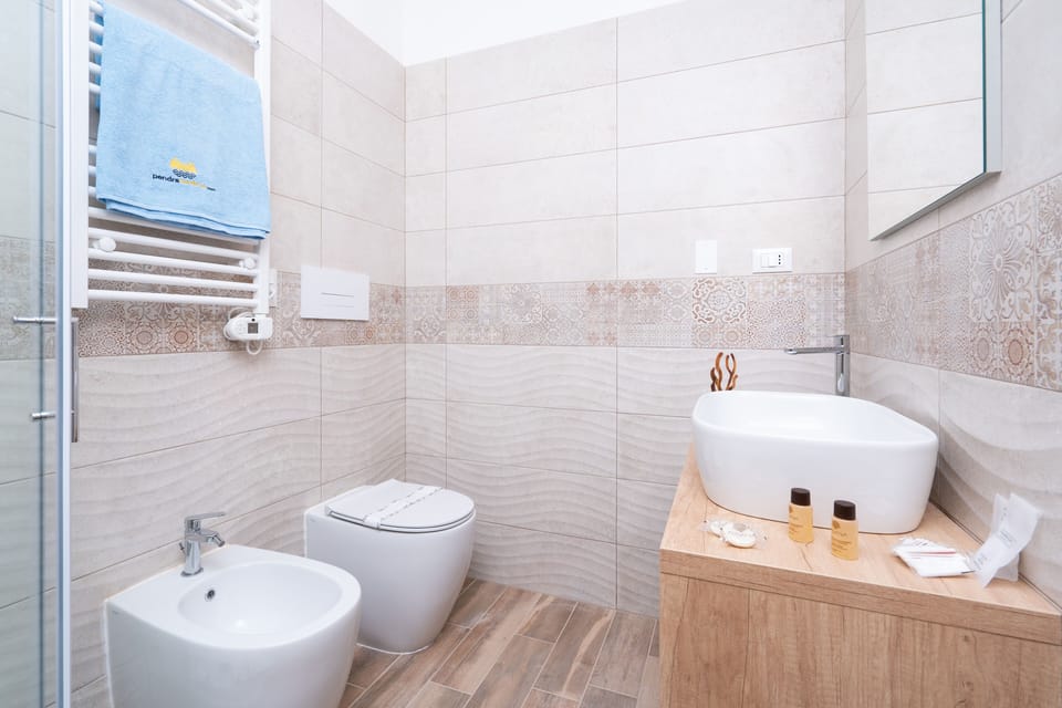 Shower, rainfall showerhead, hair dryer, slippers
